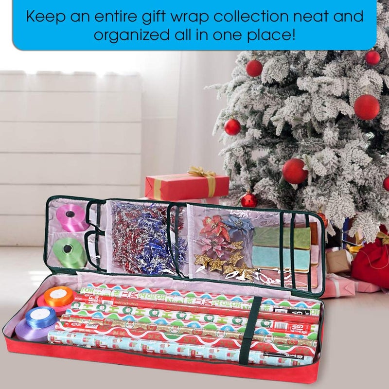 Primode Christmas Wrapping Paper Storage Bag with Pockets | Gift Wrap Organizer Container | 37â€ x 14â€ x 4â€ | Underbed Durable Box Made of 600D Oxford Material (Red) - Image 5
